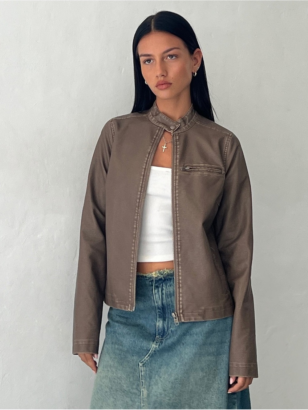 Motel Rocks Mildred Distressed Biker Jacket In Pu Olive